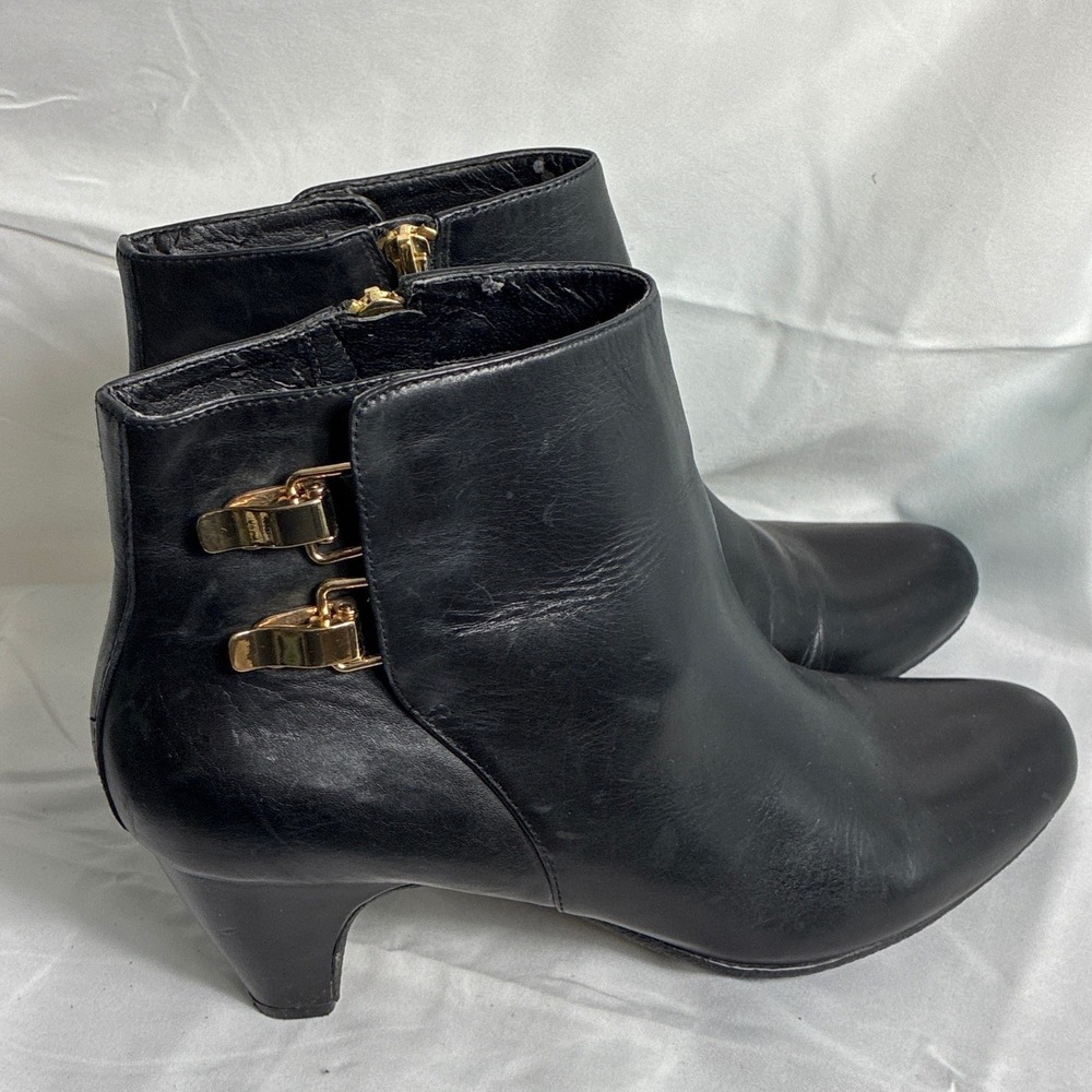 Sam Edelman Marmon Black Leather Ankle Boots Gold‎ Buckle Kitten Heel Womens 10M